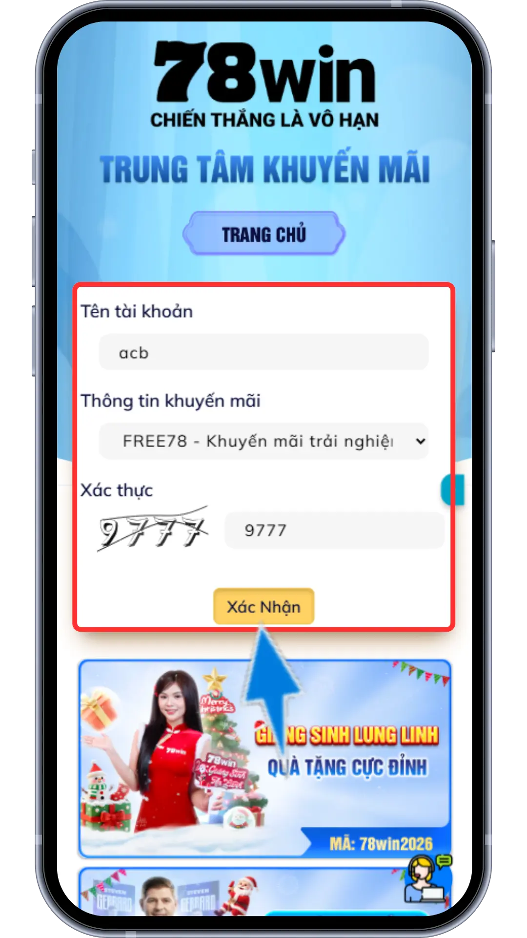 Bước 4 : Nhập tên tài khoản » Nhập mã xác thực » Ấn "Xác Nhận"